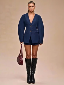SHEIN BAE 女款純色長袖單排扣休閒西裝外套 - 藏蓝色 - 查看 4