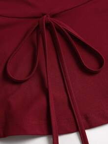 Sweetra Women's Deep Red Flared Long Sleeve Lace Trim Patchwork Fitted Mini Dress, Suitable For Commute, Party And Holiday - Burgundy - View 6