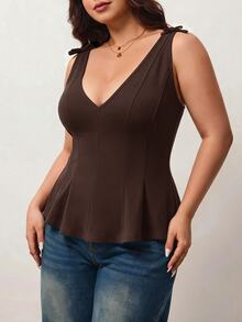 Enliva Plus Size Women Elegant Minimalist V-Neck Bow Decor Tank Top - Brown - View 5
