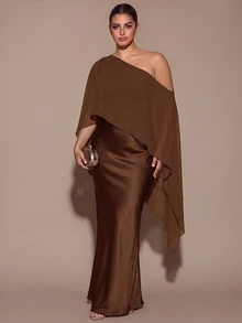 SHEIN BAE CURVE 大尺碼女款優雅長款不對稱單肩洋裝 - 摩卡棕 - 查看 5