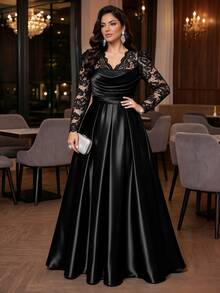 Auveirra Plus Size Women's Lace Patchwork Pleated Elegant Waist-Cinching Party Dress Fall - Black - View 11