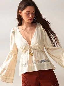 Willow Rêve Women's Cream V-Neck Bell Sleeve Lace Trim BOHO FLOWY TUNIC TOP - Cream - View 4