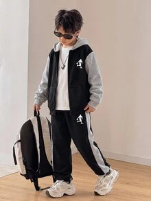 SHEIN 2件組兒童青少年男孩休閒運動寬鬆版型戶外全開襟連帽外套與慢跑長褲套裝，適合秋冬，休閒運動風 - 黑色 - 查看 4