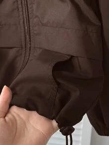 SHEIN 女童時尚休閒梭織前拉鍊背心，長袖秋冬上衣，返校季適用 - 棕色 - 查看 5