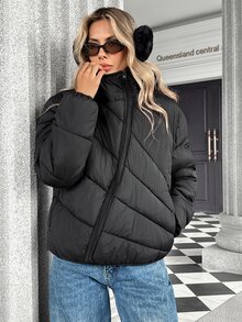 Pariaura Mantel Wanita Berbantalan Empuk dengan Resleting Diagonal, Motif Herringbone, Berkerudung, Belahan Diagonal, Penutup Penuh, Longgar, dan Bahu Jatuh. - Hitam - View 1