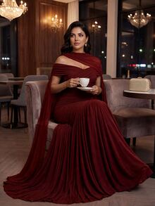 SHEIN Lady Đầm nữ size lớn màu trơn thiết kế bất đối xứng xếp ly thanh lịch cho Giáng Sinh - Đỏ - Xem 10