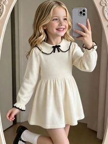 Souflis Souflis 女童針織毛衣洋裝，幼兒嬰兒套頭式荷葉領杏色長袖毛衣洋裝，舒適適合秋冬，手工蝴蝶結，精緻優雅百搭時尚淑女風，適合日常穿著、外出與旅行 - 米色 - 查看 1