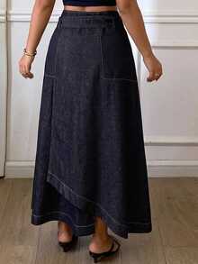Dazy Plus Cotton High Waist Dark Wash Blue Solid Color Tie Waist A-Line Full Skirt Patchwork Denim Skirt - Dark Wash - View 2