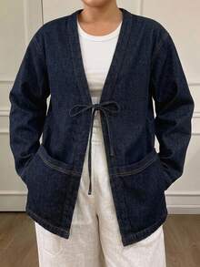 Dazy Plus Dark Wash Vintage Loose Fit Tie-Up Large Pocket Blogger Style Spring/Autumn New Denim Jacket - Dark Wash - View 5