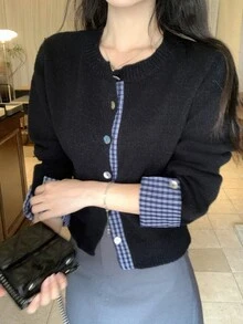 DAZY Black Round Neck Plaid Patchwork Cuff Button Long Sleeve Casual Knit 2 In 1 Cardigan Sweater Fall - Black - View 1