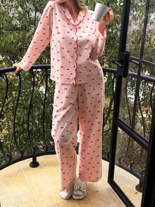 DAZY 青少年女孩秋季服飾 寬鬆舒適春秋居家休閒套裝 V領T恤與格紋直筒長褲 - 淺粉色 - 查看 11