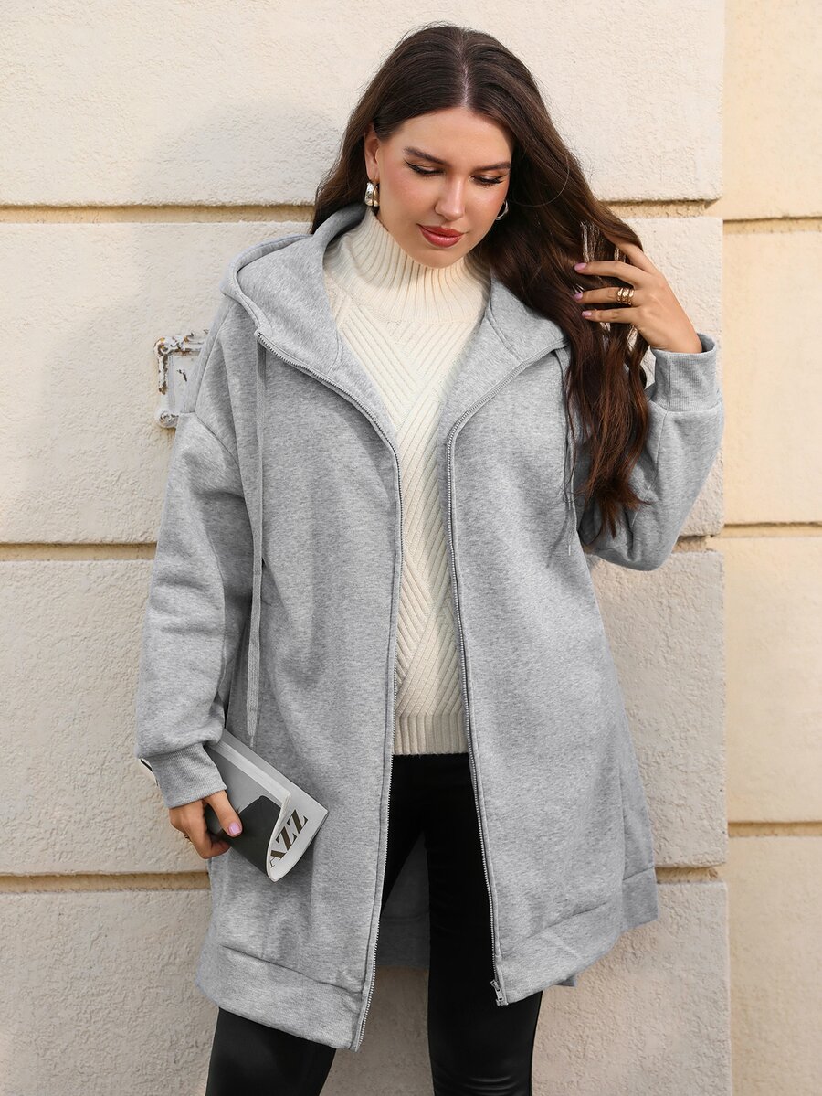 EMERY ROSE Plus Size Women's Solid Color Casual Western Daily Wear Hooded Sweatshirt Autumn Formal Vacation Grey - Grey - View 1