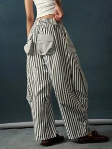 Bohemela Women's Striped Colorblock Drawstring Waist Pocket Loose Long Pants - Black and White - View 4