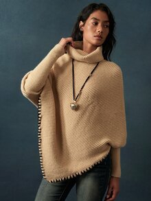 Bohemela Vintage High Neck Shawl Collar Shell Trim Knit Sweater - Apricot - View 6