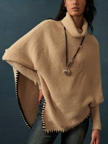 Bohemela Vintage High Neck Shawl Collar Shell Trim Knit Sweater - Apricot - View 3