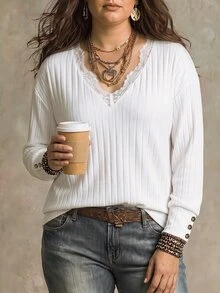 SHEIN Women's Autumn/Winter New Hot-Selling Lace Trim Patchwork Soft Ribbed Knit V-Neck Casual Versatile Plus Size T-Shirt - White - View 3