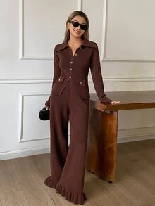 Livesso Women's 2pcs Set Brown Round Neck Long Sleeve Knit Sweater And High Waist Slim Fit Ribbed Knit Pants, Autumn/Winter - Brown - View 5