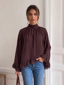 Easowa Stand Collar Ruffle Loose Chiffon Blouse, Casual Relaxed Elegant Commute Old Money Style Autumn/Winter Women's Shirt - Chocolate Brown - View 3