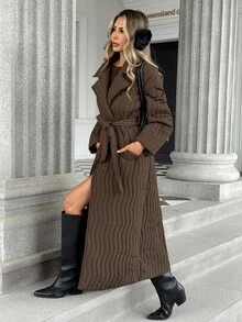 Pariaura Autumn/Winter New Minimalist Silhouette Lapel Belted Water-Wave Striped Quilted Long Padded Coat Jacket - Coffee Brown - View 1
