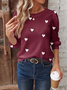 Trelyra Fashion Basic Retro Colorblock Red Base White Heart Print Round Neck Puff Long Sleeve T-Shirt - Multicolor - View 6