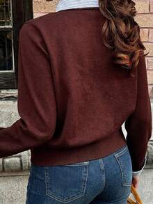 Dazy Plus Colorblock Patchwork Shirt Collar Fashion Casual Cardigan Sweater, Autumn/Winter Plus Size Women's Open Front - Burgundy - View 2