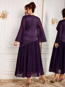 Modelyn Women's Elegant French Style High-End Round Neck Lace Patchwork Flared Long Sleeve Formal Evening Dress Plus Size - Purple - View 2