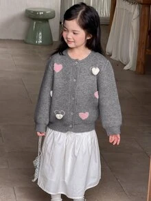 Dazy Kids 少女心圖案休閒日常外出開襟衫 - 深灰色 - 查看 4