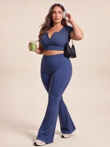 SHEIN Sports Women's Plus Size Ruched Hip Daily Fitness Alternative Kawaii Flare Leggings Gym Active Light Blue Summer - Black and White - View 4