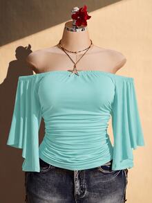 SHEIN ICON 女款大尺碼度假風性感抓皺露肩上衣 - 藍色 - 查看 10