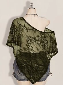 SHEIN ICON 女款大尺碼性感蕾絲單肩不對稱下擺罩衫上衣 - 軍綠色 - 查看 2