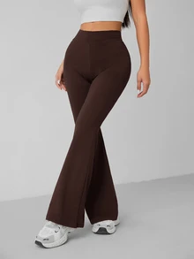 SHEIN PETITE 女款純色極簡高腰喇叭長褲，適合日常穿著 - 咖啡棕 - 查看 4