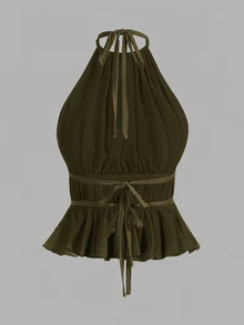 SHEIN PETITE 女款百褶掛脖領綁腰露背背心 - 軍綠色 - 查看 9