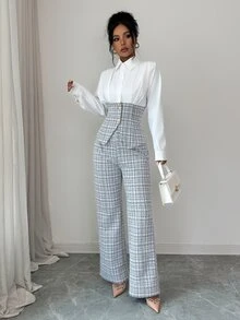 Elenzga Bộ 2 món công sở thanh lịch gồm áo sơ mi cài nút phối màu tương phản và quần dài chuyên nghiệp - Đen và trắng - Xem 6