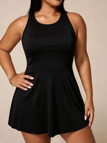 SHEIN Rhythm Era Rhythm Era Plus Size Women's Floral Print Criss-Cross Back Sports Dress With Shorts - Black - View 4