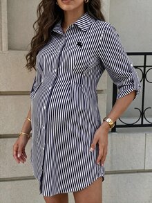 MaterniWear 孕婦條紋騎士圖案休閒日常夏季洋裝 - 寶藍色 - 查看 4
