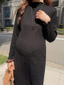 Dazy Maternity Polka Dot Loose Long Sleeve Maxi Casual Vacation Daily Spring Autumn Maternity Dress - Black - View 7