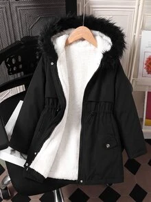 SHEIN 青少年女孩休閒街頭風黑色梭織連帽外套，人造毛飾邊、收腰設計、口袋連帽大衣，抓絨內裡加厚，適合返校季、秋冬外出與日常穿著 - 黑色 - 查看 1