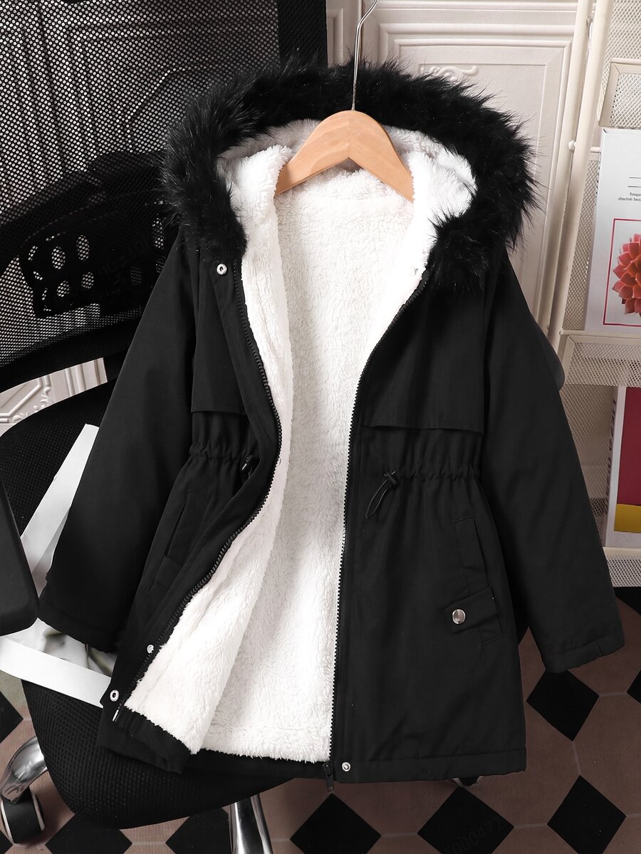 SHEIN 青少年女孩休閒街頭風黑色梭織連帽外套,人造毛飾邊、收腰設計、口袋連帽大衣,抓絨內裡加厚,適合返校季、秋冬外出與日常穿著 - 黑色 - 查看 1