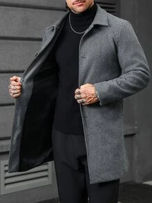 Manfinity CasualCool 男士商務灰色粗花呢單排扣大衣，修身直筒版型，都會商務優雅通勤風 - 灰色 - 查看 4