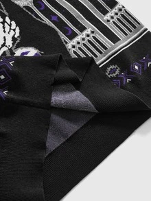 ROMWE Halloween Dark Gothic Skull Mysterious Black Cat Cross Jacquard Loose Fit Plus Size Pullover Sweater - Black - View 5
