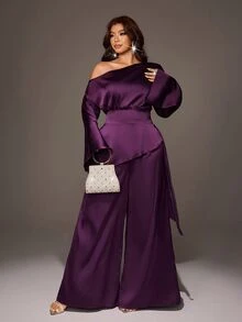 Viva Relle Plus Size Women Solid Color Asymmetric Shoulder Top And Skirt Fashion Set - Purple - View 5