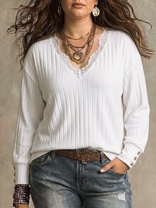 SHEIN Women's Autumn/Winter New Hot-Selling Lace Trim Patchwork Soft Ribbed Knit V-Neck Casual Versatile Plus Size T-Shirt - White - View 5