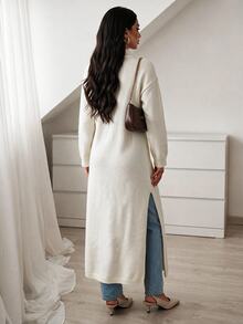 Elenzga Elegant Ru Yi Button Hem Side Slit Long Sleeve Cardigan For Women - Apricot - View 4