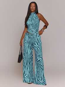 MUSERA Zebra Print Ruched Halterneck Detail Top Summer Fall Winter Day Outfit  Womens Outfit - Teal Blue - View 5