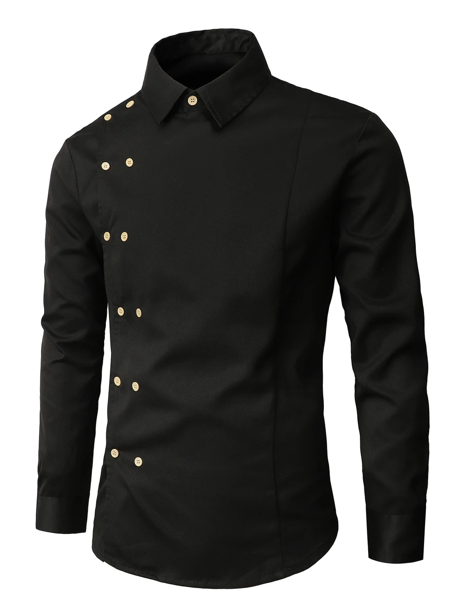 Manfinity Homme Men's Plus Size Solid Color Double-Breasted Long Sleeve Casual Classy Shirt Business Office Black Autumn - Black - View 1