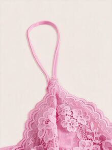 SHEIN ICON 對比色蕾絲抓皺 Y2K 細肩帶背心上衣 - 粉色 - 查看 4
