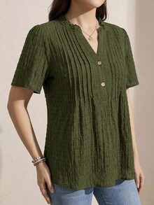 Comfylo 大尺碼休閒度假風碎花花瓣袖女式襯衫 夏季女裝 優雅 - 軍綠色 - 查看 6
