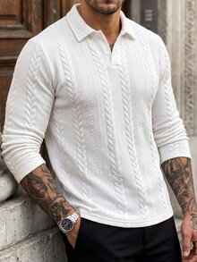 Manfinity CasualCool 男士純色領長袖素面 Polo 衫，適合工作、高爾夫、秋季、正式場合 - 白色 - 查看 1
