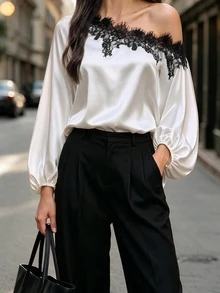 SHEIN LUNE CURVE Plus Size One-Shoulder Blouse For Women, Asymmetric Cold Shoulder Lantern Long Sleeve Top, Elegant Style For Commute And Party - Black and White - View 3