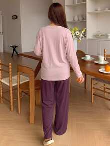 Dazy Maternity Star & Letter Print Loose Long Sleeve T-Shirt & Straight Leg Pants Casual Daily Home Wear Spring/Autumn Maternity 2 Pieces Set - Purple - View 2